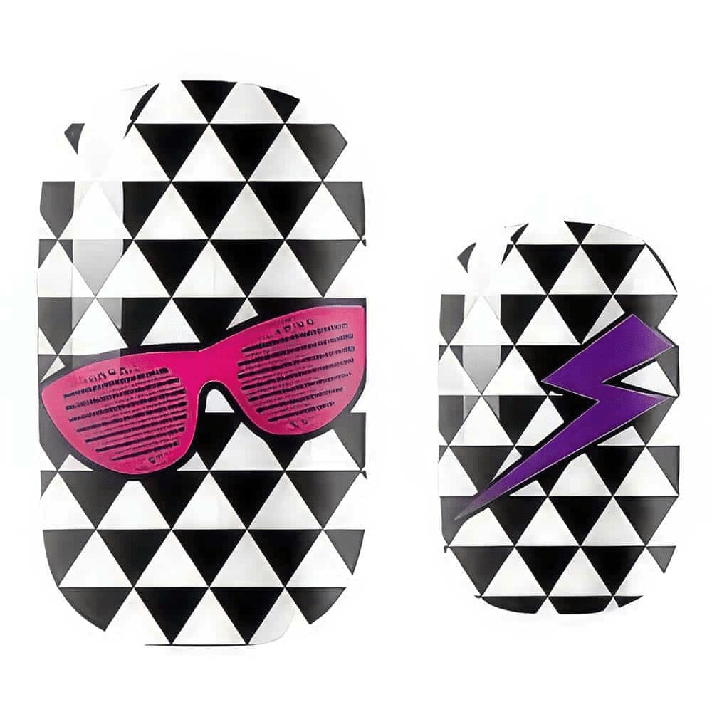 Black and white triangle pattern nail wraps with pink 80s sunglasses and purple lightning bolt designs