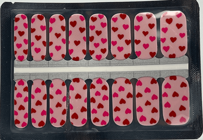 Pink nail wraps with red heart pattern romantic valentine nail art design