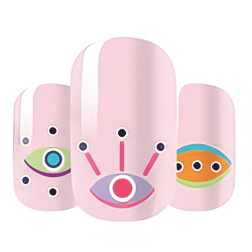 Pink nail wraps featuring colourful eye motifs and geometric patterns wide fit design