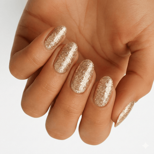 Champagne gold glitter nail wraps with full sparkle coverage on almond-shaped nails