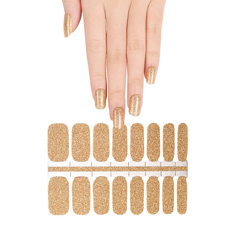 Gold glitter nail wrap set showing hand application and full wrap sheet