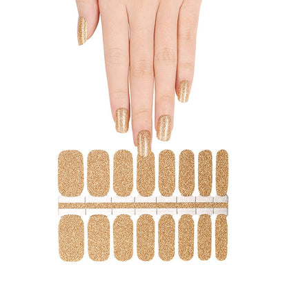 Gold glitter nail wrap set showing hand application and full wrap sheet