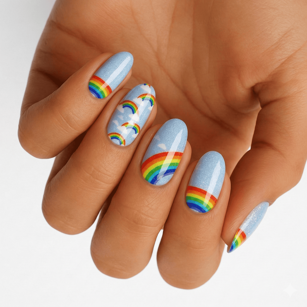 Rainbow nail art on hand featuring colourful striped patterns and blue base non-UV nail wraps