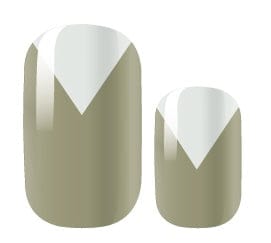 Sage green nail wraps with glossy white V-shaped chevron tip design