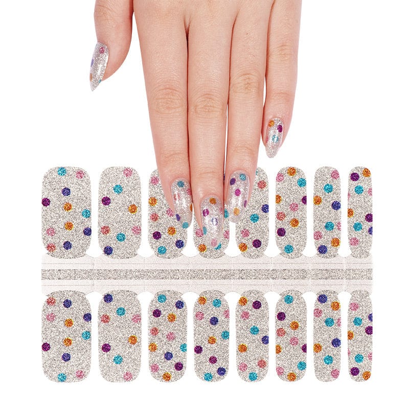 Non-UV nail wraps sheet with silver shimmer and multicoloured polka dot pattern for at-home manicure