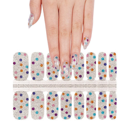 Non-UV nail wraps sheet with silver shimmer and multicoloured polka dot pattern for at-home manicure