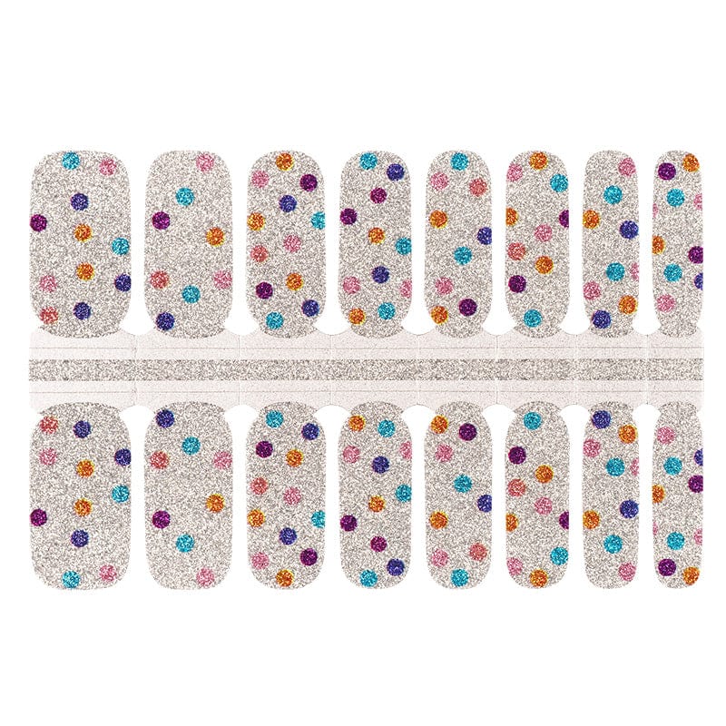 Complete set of silver shimmer nail wraps with rainbow polka dots for DIY manicure