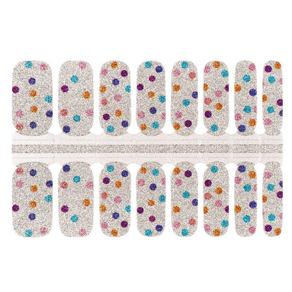 Complete set of silver shimmer nail wraps with rainbow polka dots for DIY manicure
