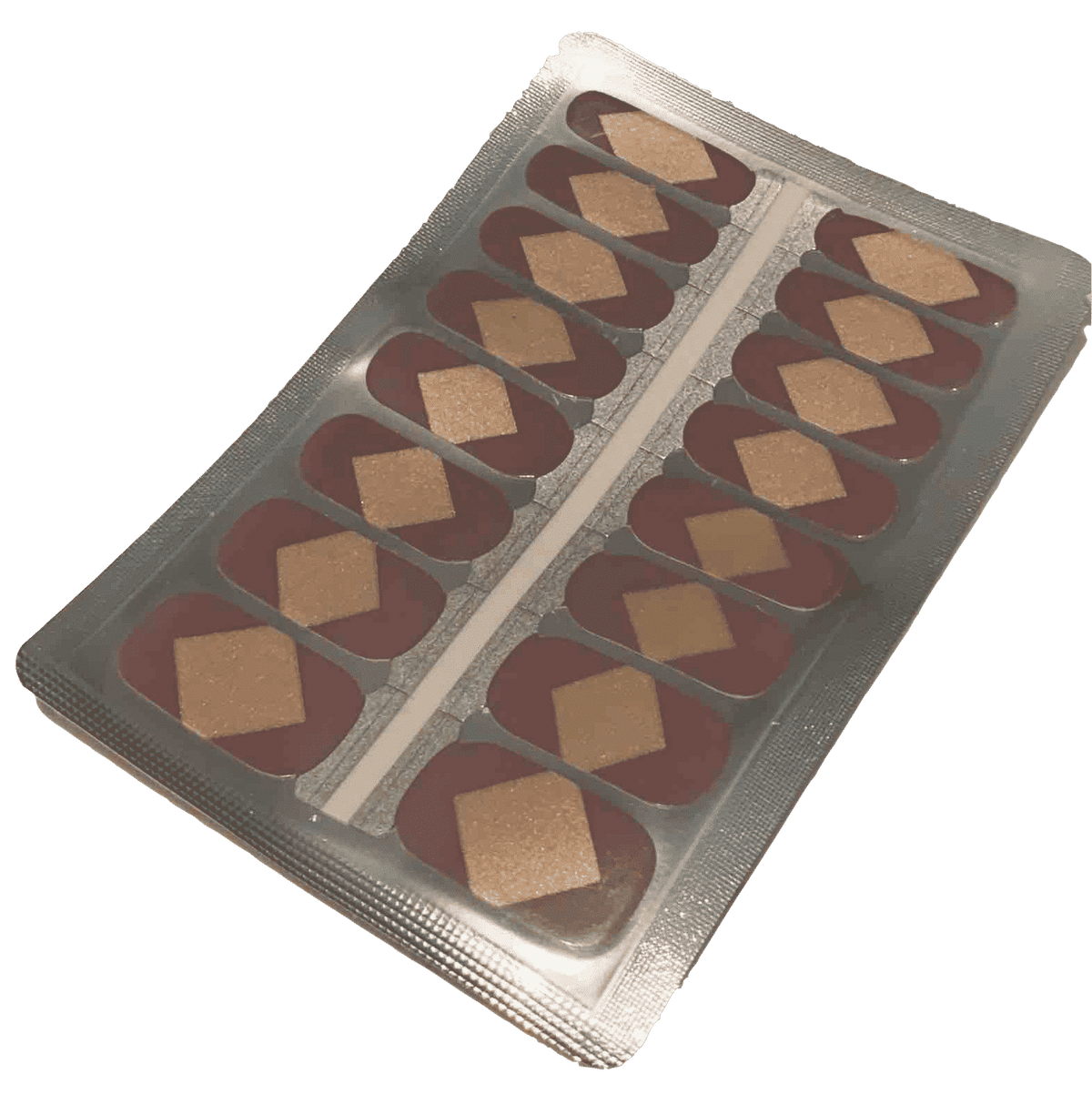 Brown and gold chevron pattern nail wraps sheet showing individual wraps for manicure application