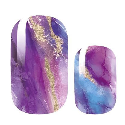Purple amethyst marble nail wraps with gold veining showing stone-effect pattern design closeup