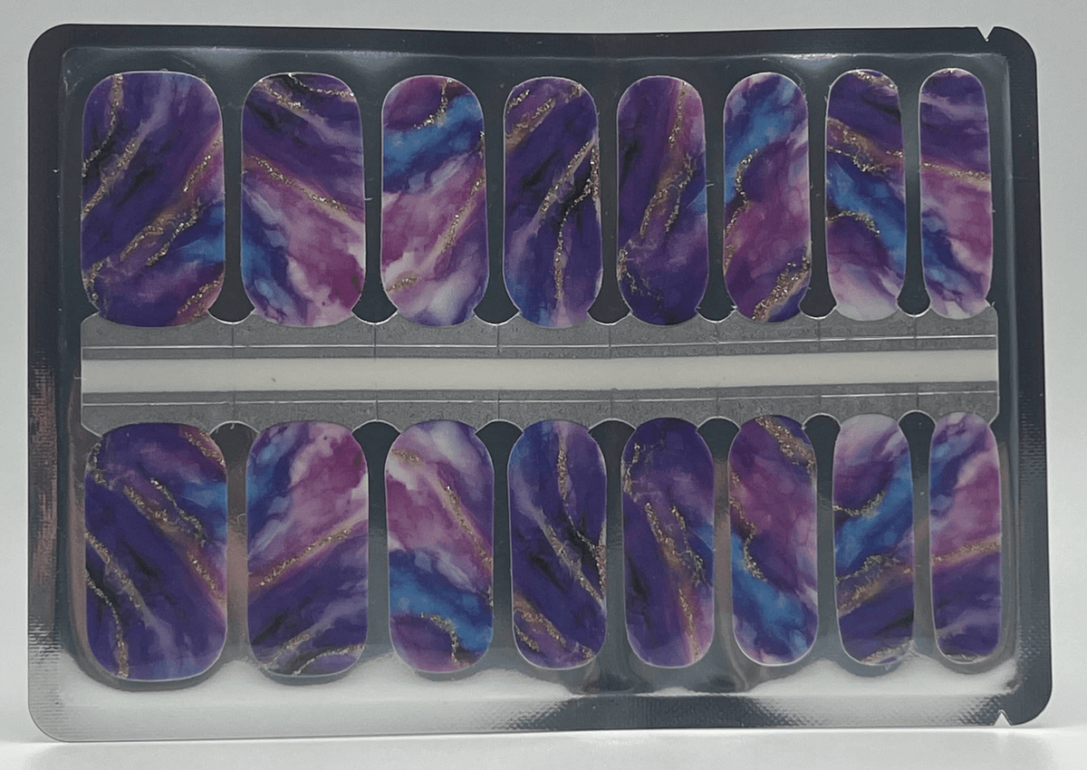 Amethyst purple nail wrap strips with marble stone pattern in packaging tray