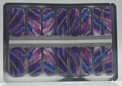 Amethyst purple nail wrap strips with marble stone pattern in packaging tray