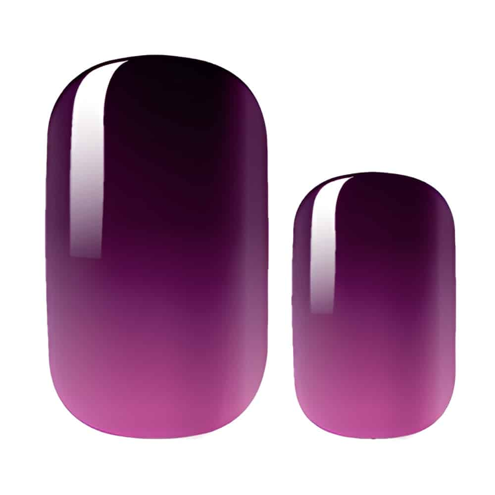Glossy purple ombre nail wraps, deep plum fading to magenta tips