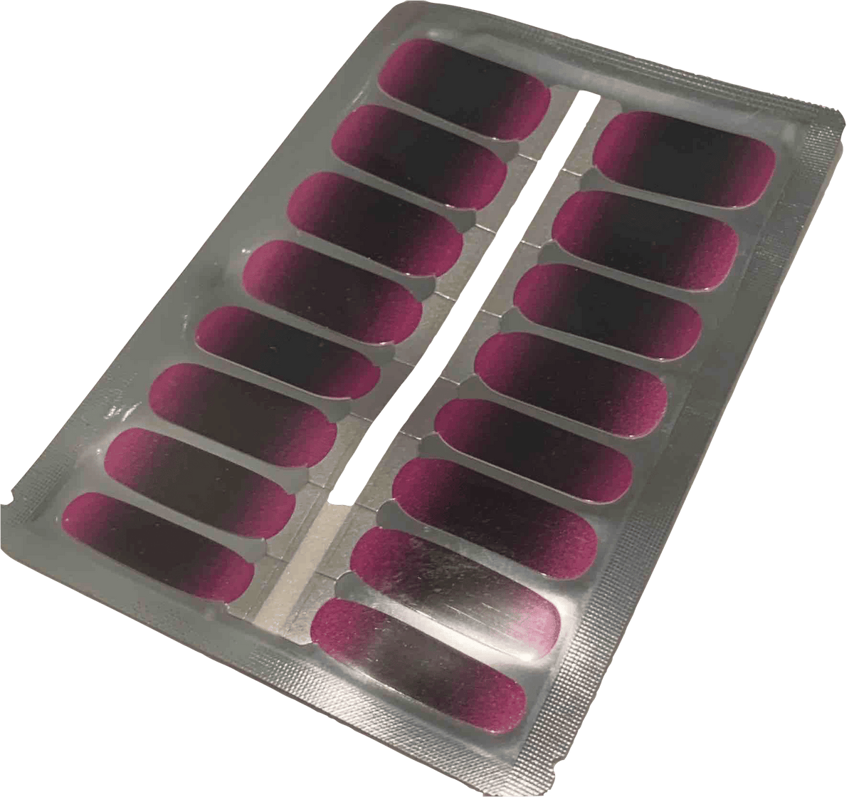 Purple ombré nail wraps sheet showing gradient manicure design in packaging