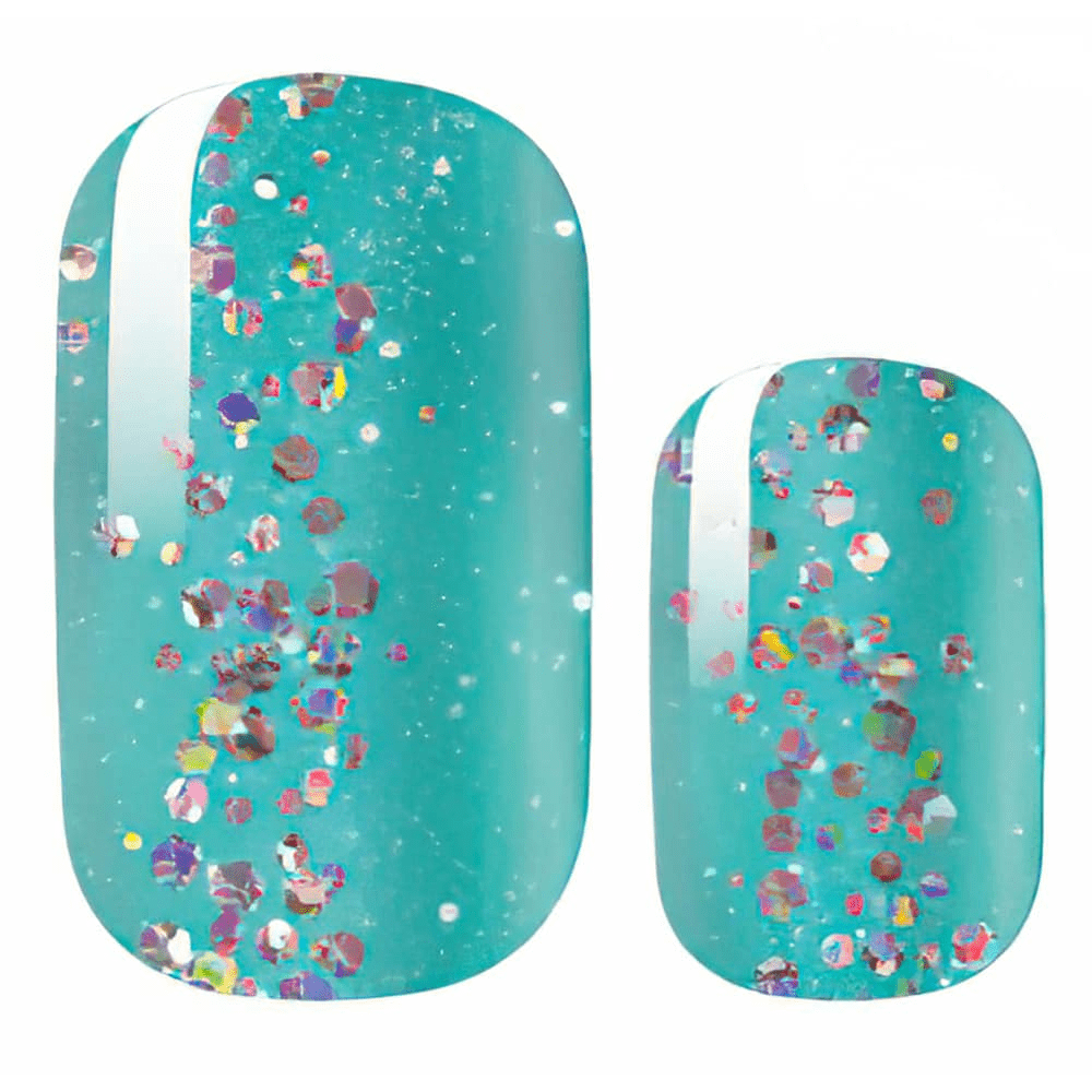 Turquoise nail wraps with colourful glitter confetti design for festive nail art