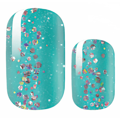 Turquoise nail wraps with colourful glitter confetti design for festive nail art