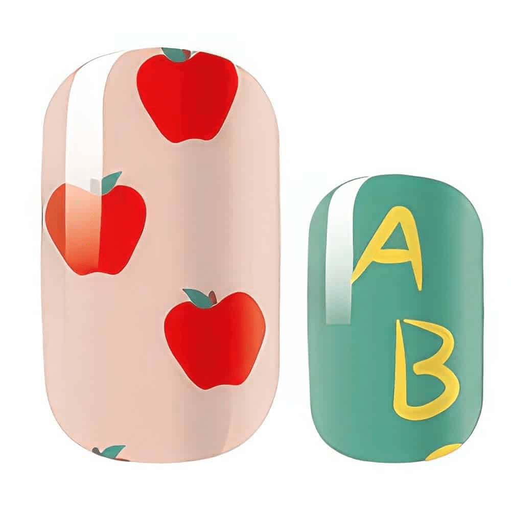 Apple print nail wraps with green alphabet design for back-to-school nail art