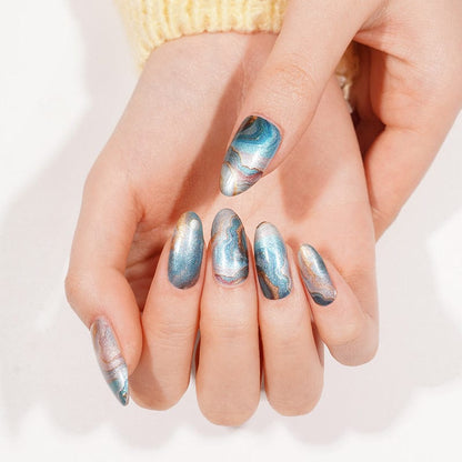Aqua Alchemy Holy Classics nail wraps, blue-grey agate marble design with gold veining