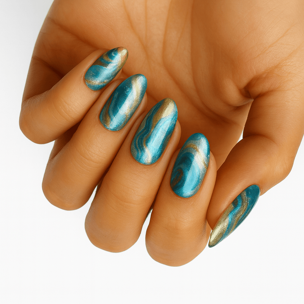 Teal and gold marbled nail wraps with swirling agate-inspired pattern on almond shape