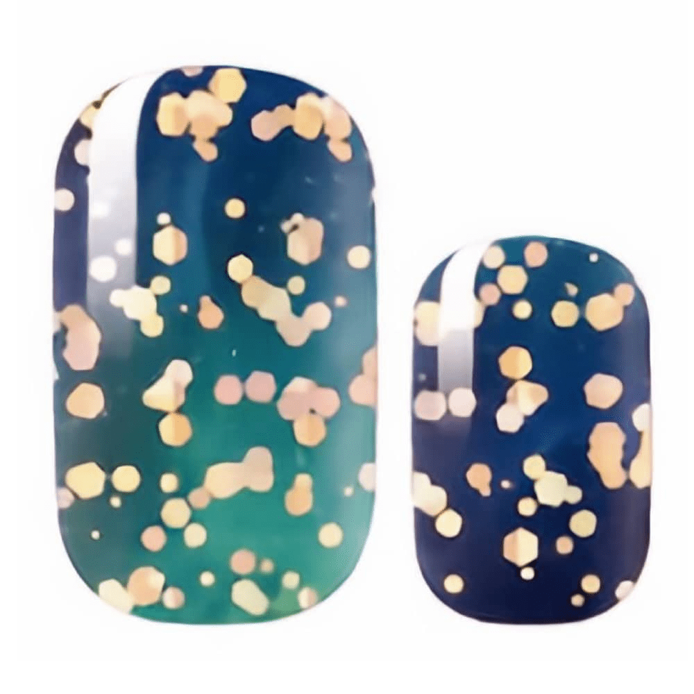 Blue ombre nail wraps with gold glitter confetti pattern close-up view