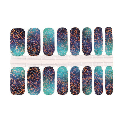 Complete nail wrap sheet featuring blue to teal glitter ombre gradient pattern design