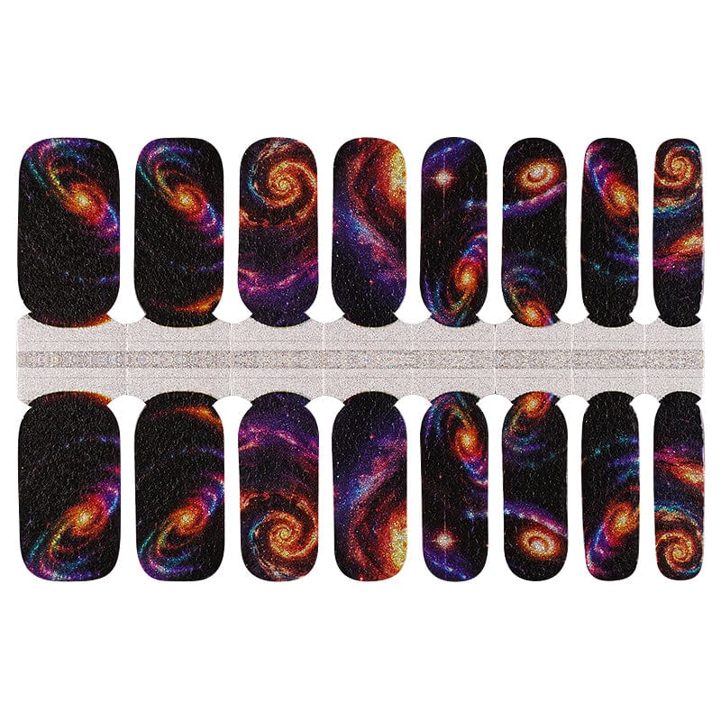 Cosmic nail wrap sheet with galaxy space patterns in purple orange swirls