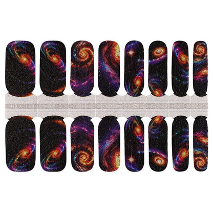 Cosmic nail wrap sheet with galaxy space patterns in purple orange swirls