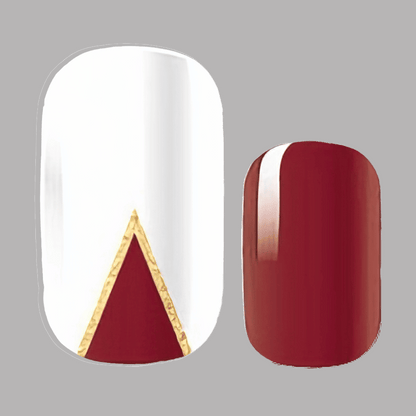 Red and gold geometric nail art design on white base non-UV nail wraps