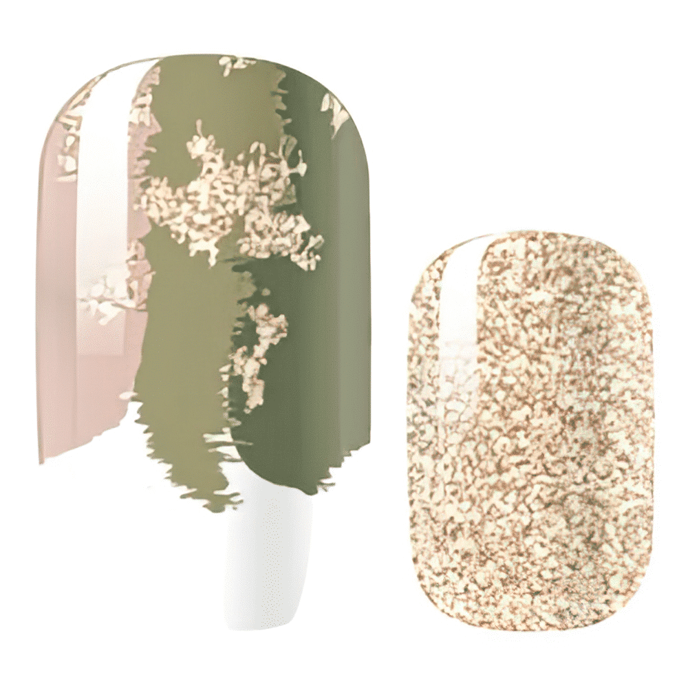 Green and gold textured nail wraps with abstract marble pattern design