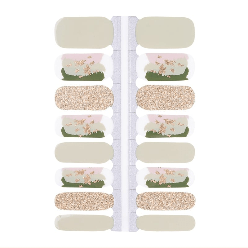 Sage green nail wraps with gold glitter accents and abstract pink-green colour block design