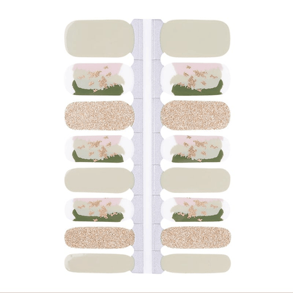 Sage green nail wraps with gold glitter accents and abstract pink-green colour block design
