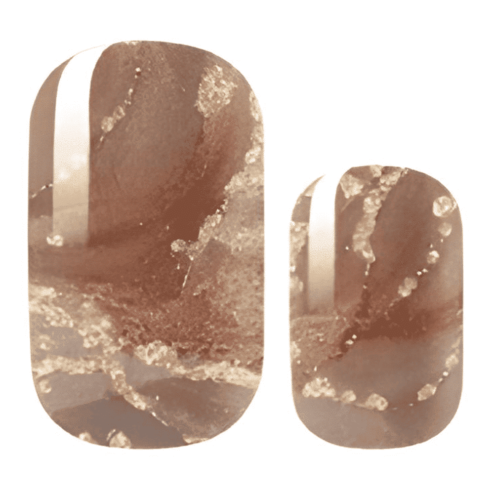 Brown marble-effect nail wraps with metallic gold veining and glossy stripe accent