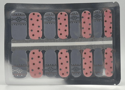 Pink and grey Aztec pattern nail wraps with geometric designs for at-home manicure