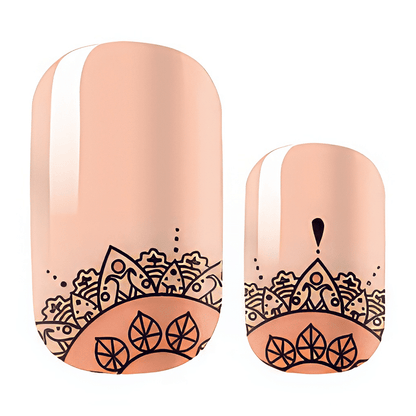 Peach nail wraps with black lace Aztec pattern design for classic manicure