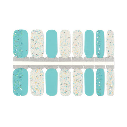 Turquoise and white speckled glitter nail wraps with alternating solid colours