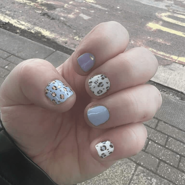 Hand displaying blue and leopard print nail art wraps with mixed solid and patterned designs