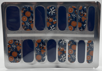 Navy blue nail wraps with orange clementine fruit pattern in classic manicure wrap sheet