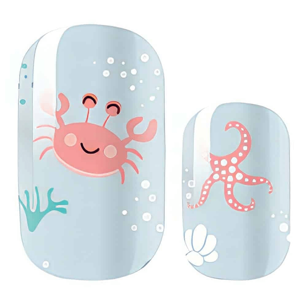 Light blue nail wraps featuring pink crab and octopus sea creatures design