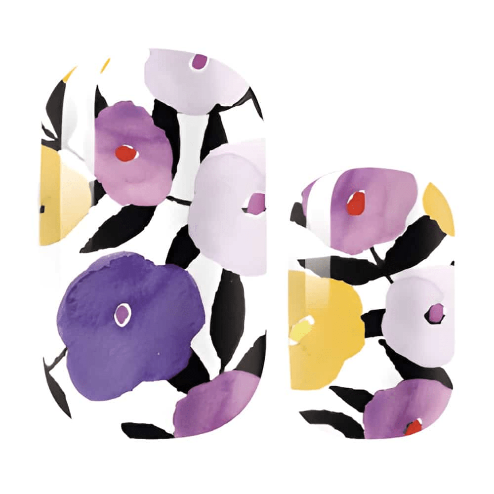 Purple and yellow floral nail wraps with abstract flower pattern design