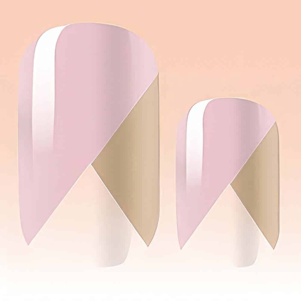 Pink and gold geometric pattern nail art design on clear background