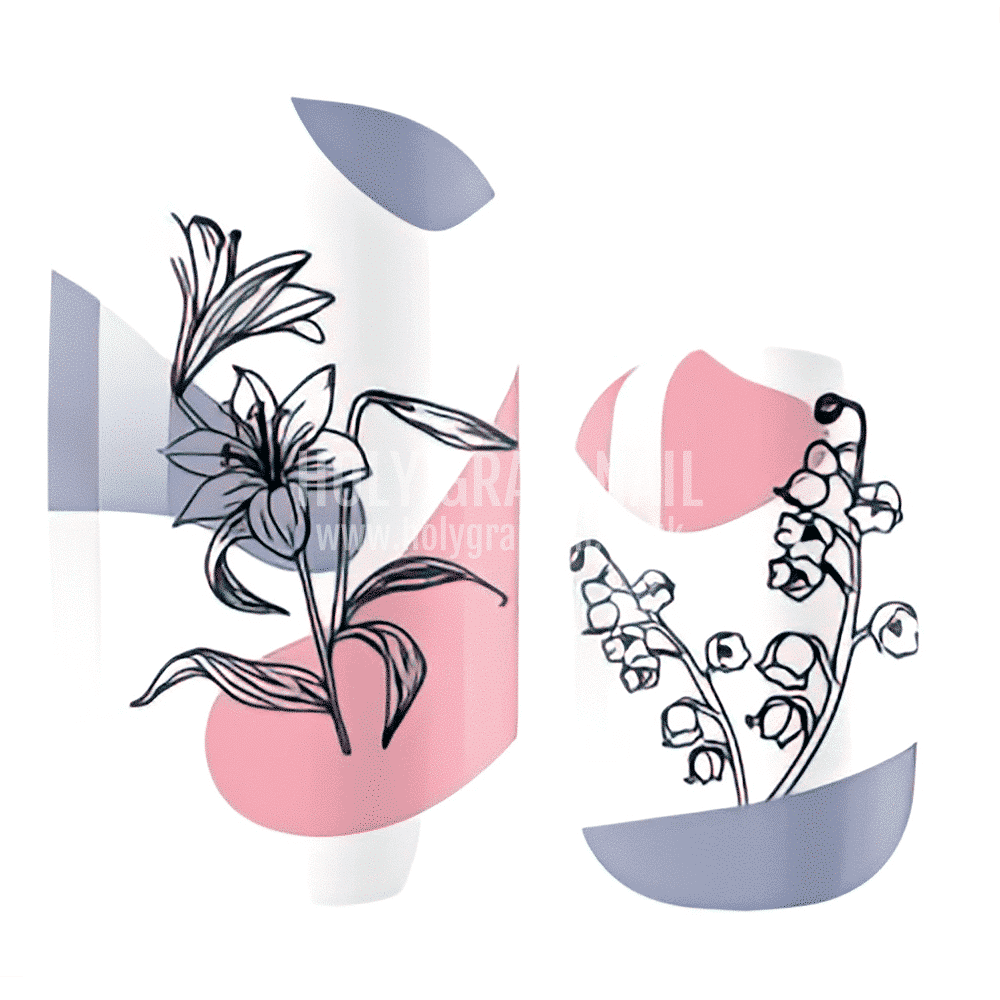 Abstract floral nail wrap design featuring pink and blue geometric shapes with botanical illustrations