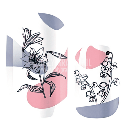 Abstract floral nail wrap design featuring pink and blue geometric shapes with botanical illustrations