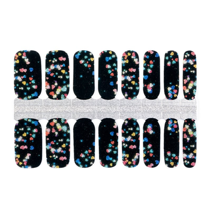 Black nail wraps with multicoloured glitter confetti pattern for party nail art