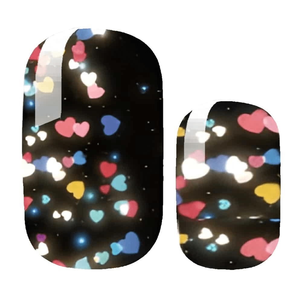 Black nail wraps with colourful heart pattern glitter design for disco party manicure