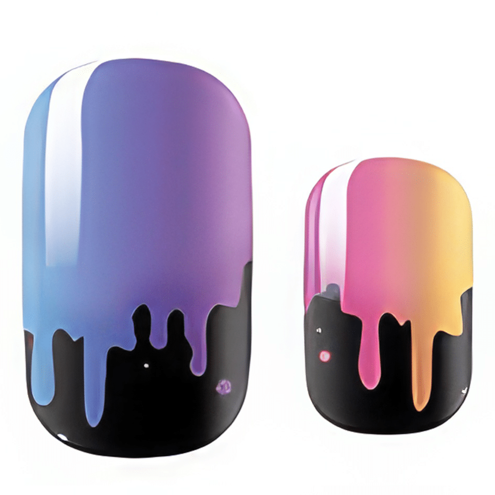 Holographic gradient nail wraps with black drip pattern in purple pink blue ombré