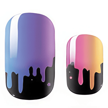 Holographic gradient nail wraps with black drip pattern in purple pink blue ombré