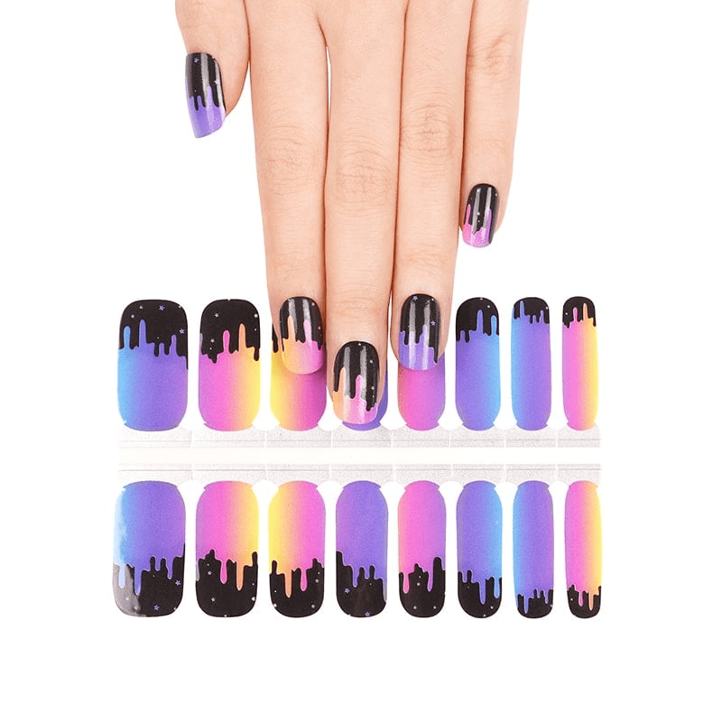 Complete set of holographic drip pattern nail wraps in purple pink blue gradients