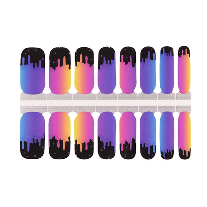 Purple pink gradient nail wraps with black drip pattern in classic mani wrap style
