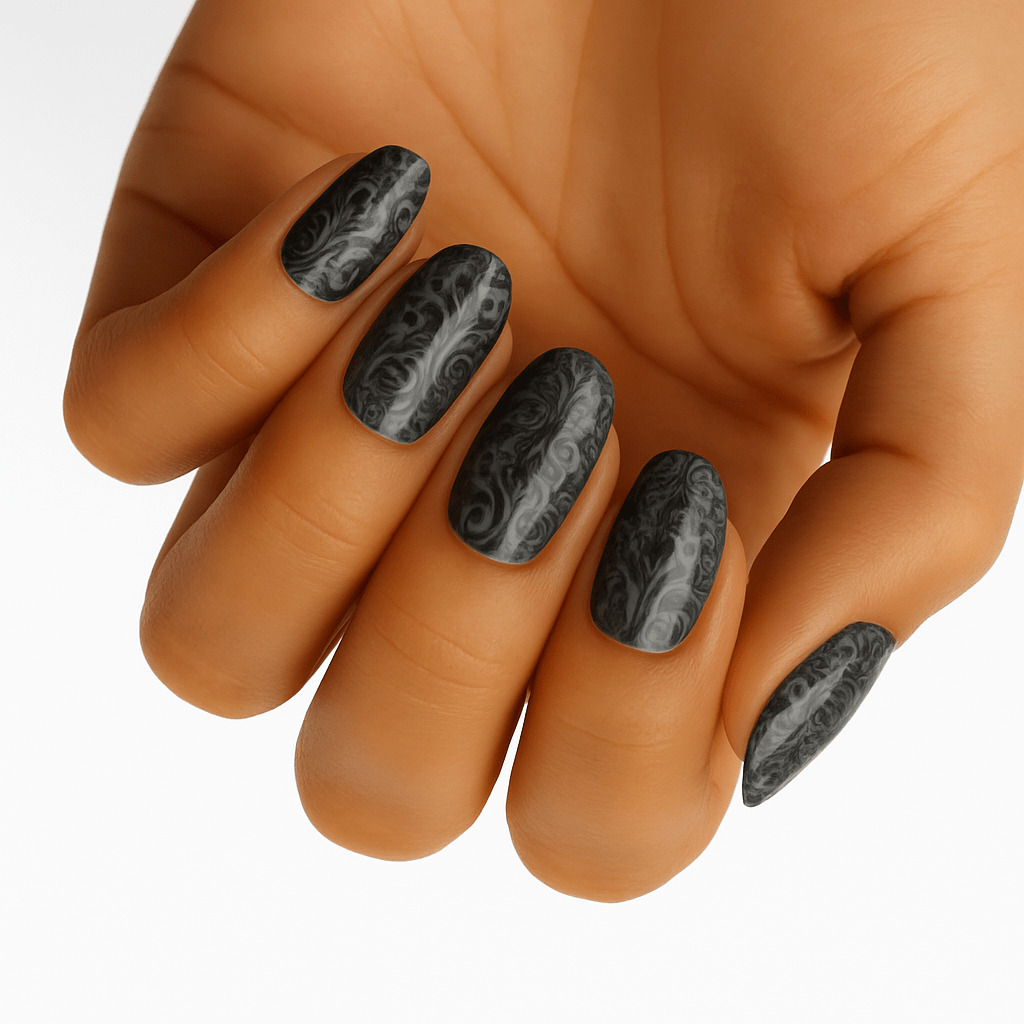 Matte black nail wraps with grey baroque swirl pattern, oval shape