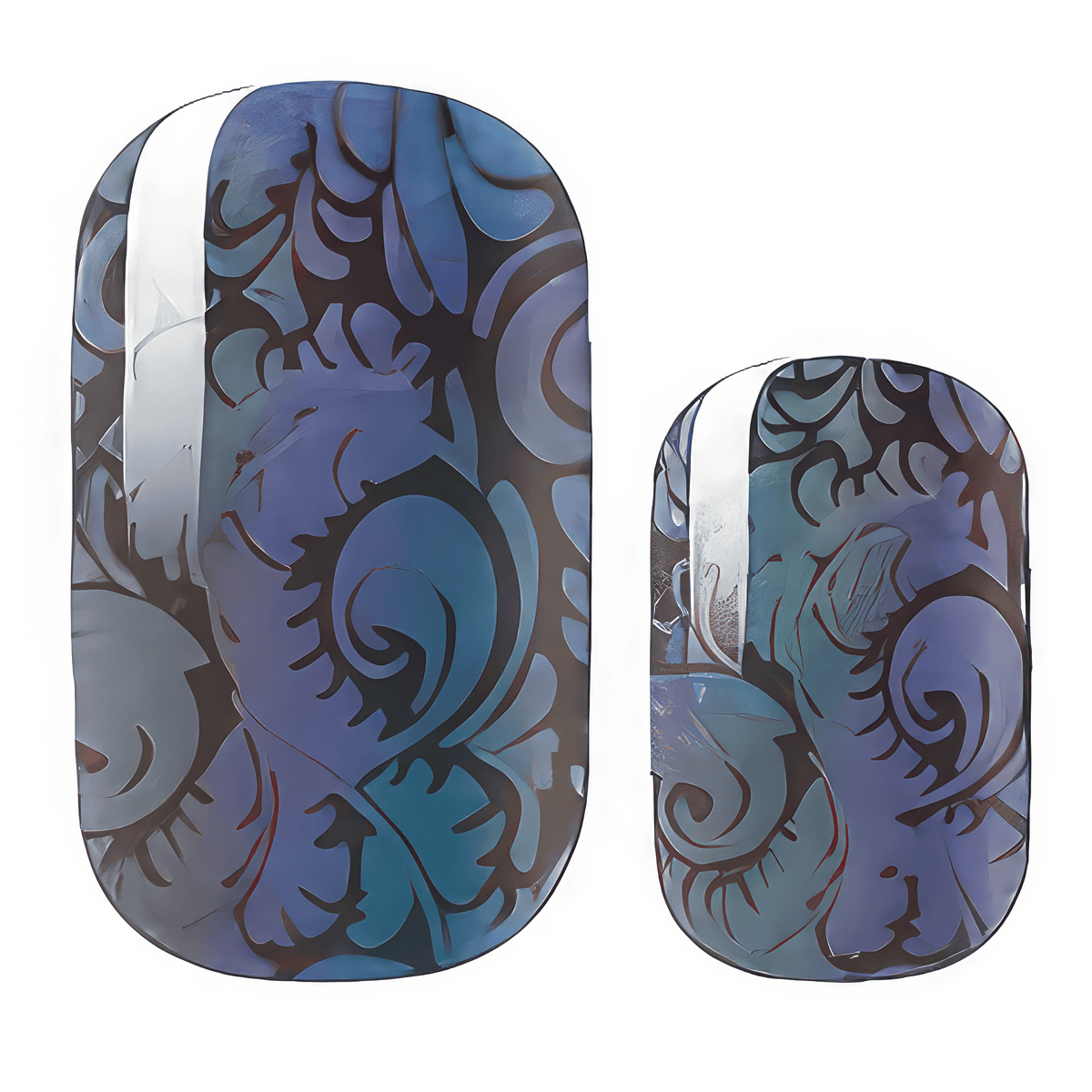 Blue and black nail wraps with swirling floral paisley pattern and holographic streak